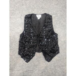 Vintage 80s Cotton Zone Black Silk Beaded All Over Sequins Vest Small Party
